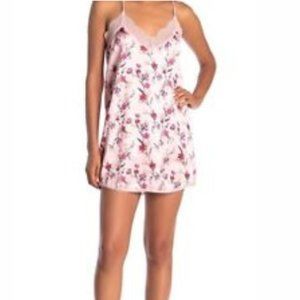 CHANCE FLORAL PRINT PINK SATIN LACE SLIP MINI DRES